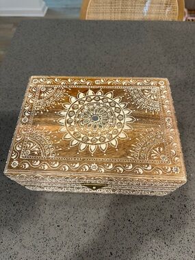 Hand-Painted Wooden Decorative Box with White Mandala